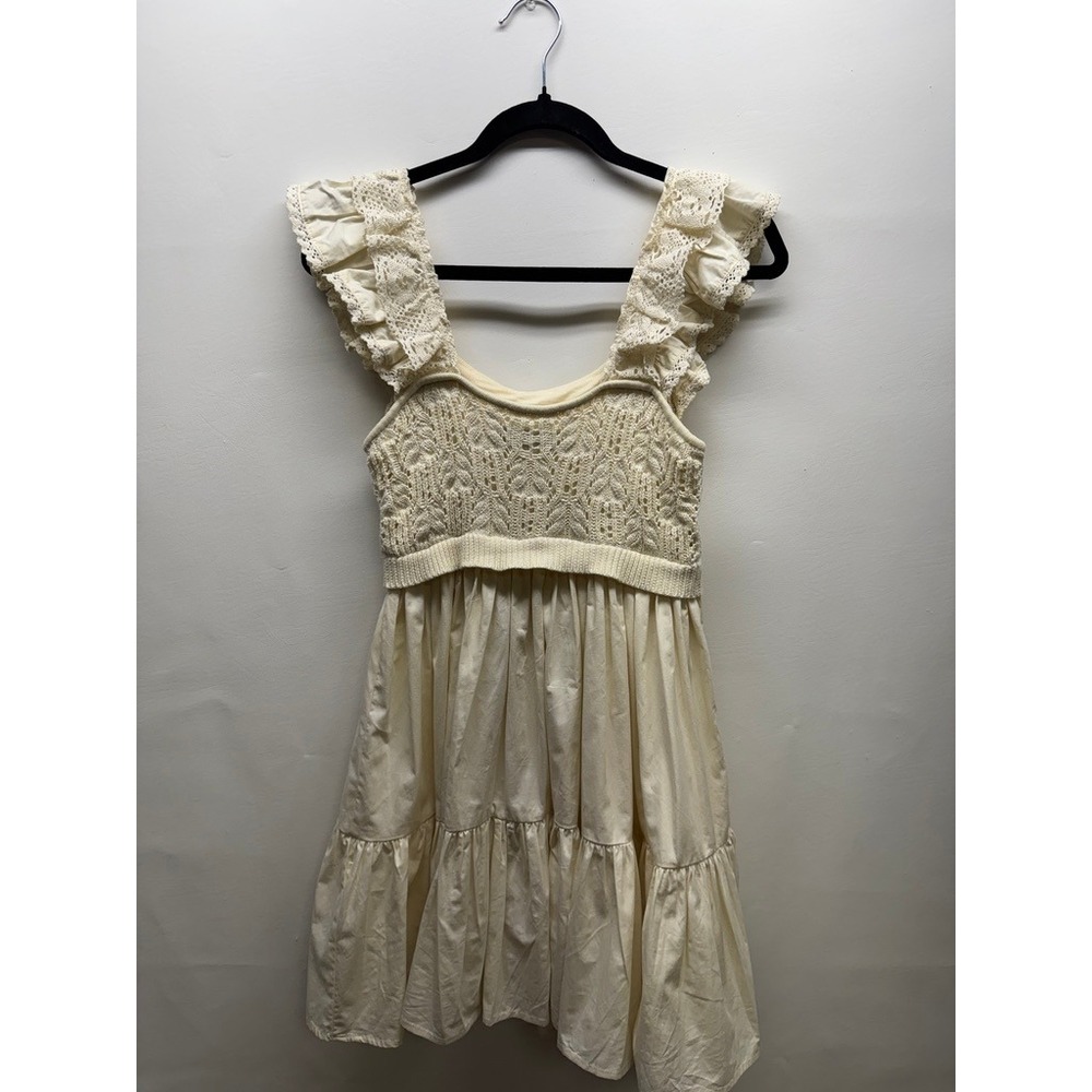 En Saison Mixed Media Mini Dress Womens S Cream Crochet Ruffle Tiered - Picture 7 of 7